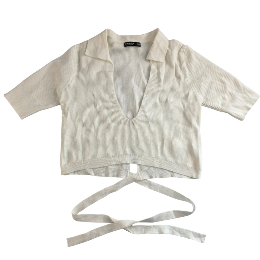 SHEIN 0X White Ribbed Crop Top with Tie Detail 1902-AZ